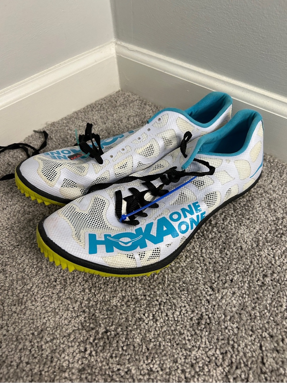 Hoka One One White Teal Yellow Lightweight Racing Shoes